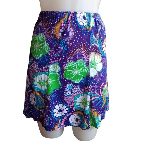 1OF1 Small True Vintage Mod Hippy Skirt Floral Elastic Waist Purple Green 1970's - Picture 2 of 5